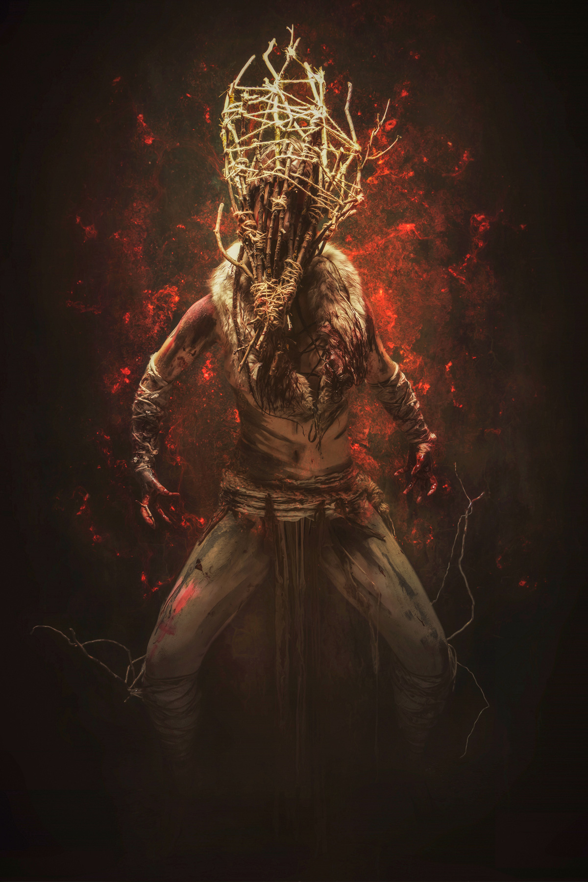 A dark-toned, folk-horror style artistic photo of a ritual figure, whose face is covered by a mask woven from twigs and twine, against a red-glowing, smoldering background.